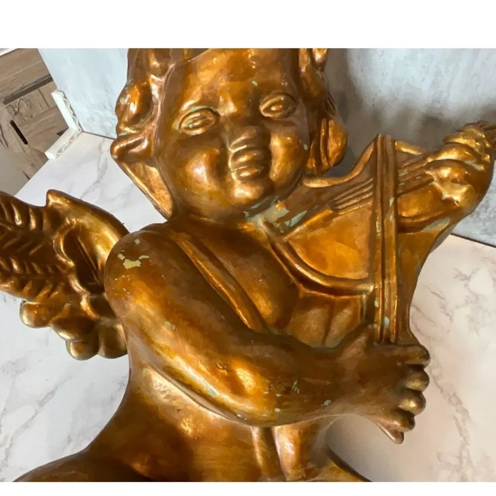 Beautiful gold painted large size cherub with violin Hollywood glam